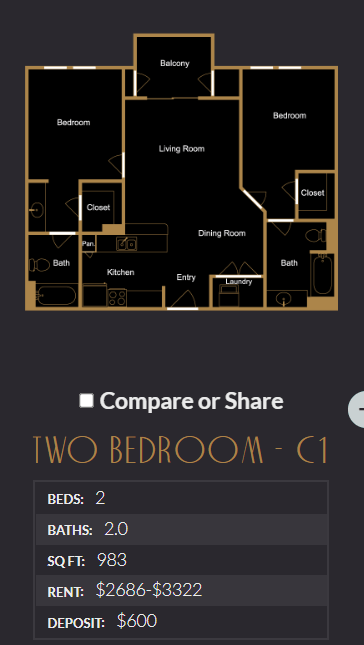 Floor plan for 2 beds, 2 baths, 1030 sqft